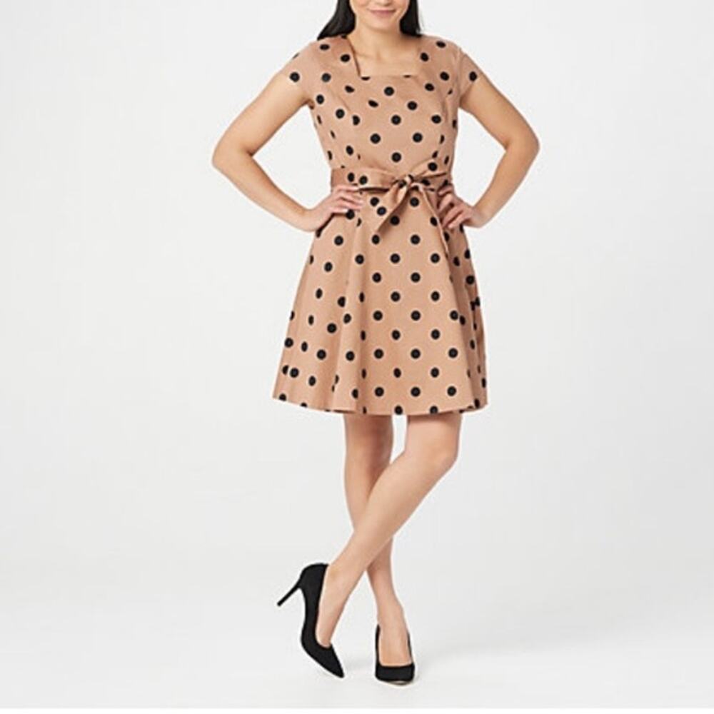 Isaac Mizrahi Polka Dot Fit Flare Belt Dress Brown Black Cotton Blend 12 NWT